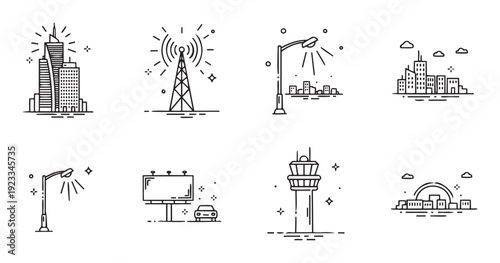 Modern urban infrastructure outline icons depicting city buildings, communication towers, streetlights, billboards, and air traffic control for metropolitan development projects and smart