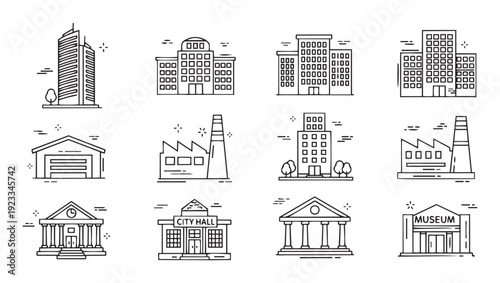 Linear building icons set representing various urban and municipal structures for business presentations, educational materials, and application interfaces.