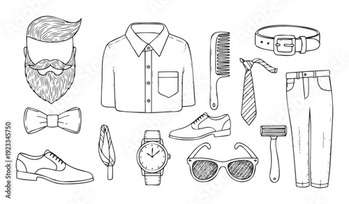 This hand drawn collection of essential mens grooming tools, clothing, and accessories is perfect for illustrating fashion, style, and personal care concepts