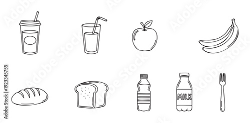 A collection of simple black and white outline icons representing various food items, beverages, and a utensil, perfect for menu design, healthy eating apps, grocery shopping lists, or