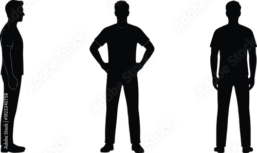 Black silhouette illustration of standing person in multiple postures, including side profile and front views, useful for body language, design, and animation studies