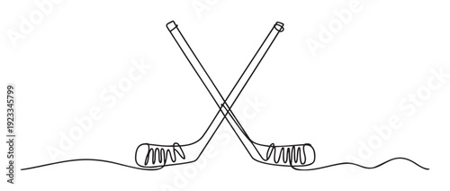 Simple continuous line drawing of two crossed hockey sticks on ice, representing winter sports and competition, perfect for athletic event promotions, sports club branding, or graphic