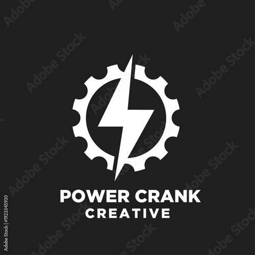 Free Download Power Crank Creative logo with a white lightning bolt and gear icon on a black background - GFXLoad