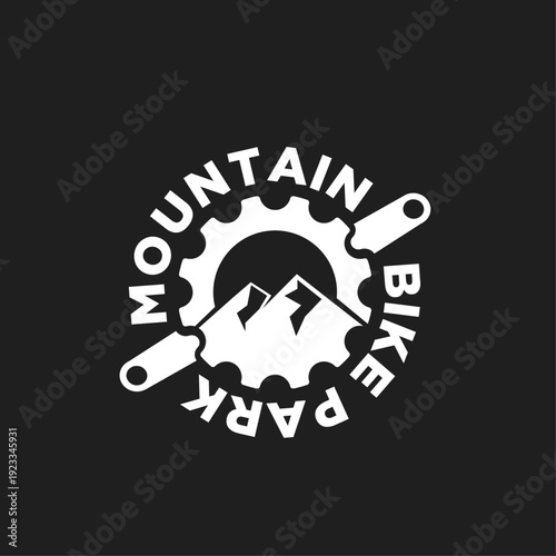 Mountain Bike Park Vector Logo with Bicycle Gear, Mountain Peaks, and Crank Arms on Black Background