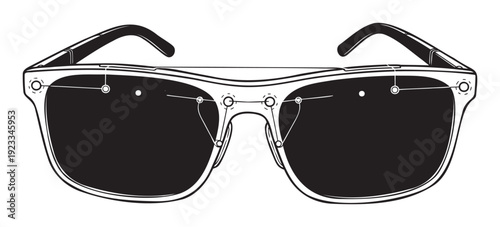 Modern black and white graphic outline of stylish sunglasses featuring dark lenses and unique connected frame accents for apparel accessories and personal summer style