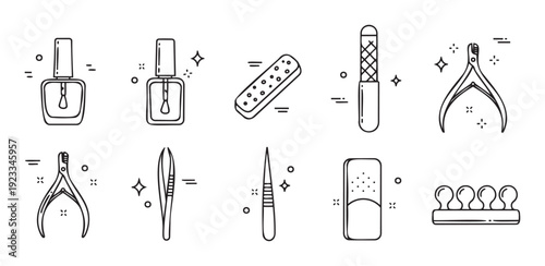 Essential outline icons for nail care tools including polish, files, buffers, and cuticle instruments, ideal for beauty salon promotions, spa service menus, or personal grooming tutorials.