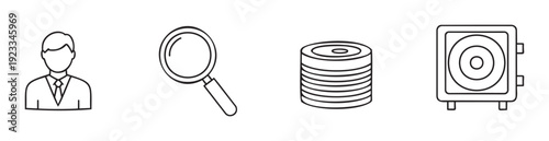 Modern business and financial management icon set for professional applications, depicting user profile, search functionality, data storage, and secure assets, suitable for digital