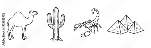 Collection of desert animals and landmark symbols including a camel, cactus, scorpion, and pyramids for educational materials and travel themed promotions