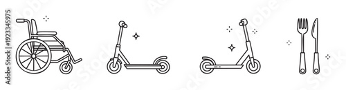 Simple line icons representing a wheelchair, a kick scooter, an electric scooter, and dining cutlery, ideal for modern user interface design and informational graphics.