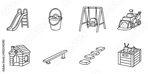 Collection of black and white line drawings depicting various outdoor play equipment and childrens toys suitable for playground safety guidelines or educational materials.