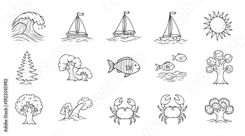 Variety of simple line drawings depicting nature and marine life like trees ocean waves crabs fish and boats ideal for educational resources and playful graphic concepts