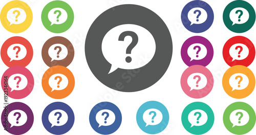 Question Mark Speech Bubble Icon Set for FAQ Help Support Inquiry Information Symbols in Colorful Circular Flat Vector Collection
