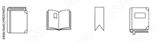 Essential book and bookmark outline icons representing knowledge, literacy, and learning, perfect for educational materials, academic websites, or reading application interfaces.