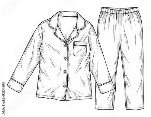 A comfortable and classic long sleeved button up pajama shirt with matching elastic waist pants provides a cozy loungewear garment for sleepwear textile and clothing design.