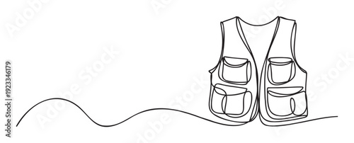 Continuous line drawing illustrating a functional fishing or utility vest with multiple pockets, perfect for outdoor hobby publications, adventure blogs, and apparel brand promotions