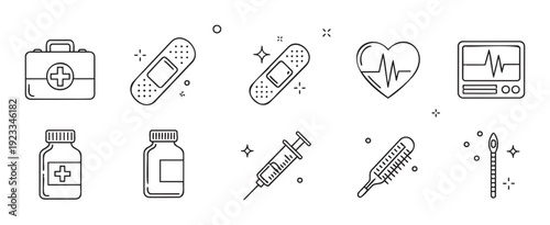 Collection of essential medical and healthcare related line icons for hospital, clinic, emergency, first aid, and wellness promotions or educational materials