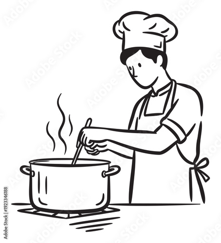 A dedicated chef in a classic toque and apron carefully stirs a steaming pot on the stove, perfect for depicting cooking processes, kitchen activities, or culinary educational resources.