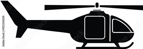 Simple black silhouette of a helicopter with visible rotor and landing skids