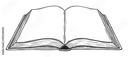 Open book black and white line drawing featuring blank pages, perfect for adding custom text or visuals in various educational and publishing themed projects and presentations.