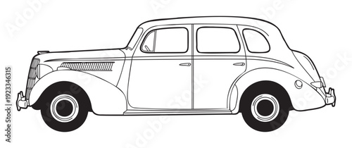Black and white outline vehicle depicting a classic four door sedan car, ideal for automotive history documentation, educational materials, and creative graphic projects.