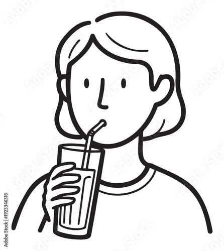 Simple line drawing of a person sipping a refreshing drink through a straw from a glass, perfect for conveying hydration and wellness themes in various graphic applications