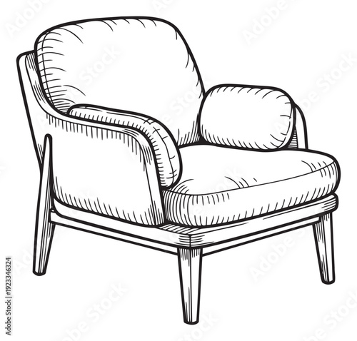 Detailed black and white sketch of a modern upholstered armchair with a lumbar pillow ideal for showcasing contemporary furniture designs in home furnishing promotions or decor magazines