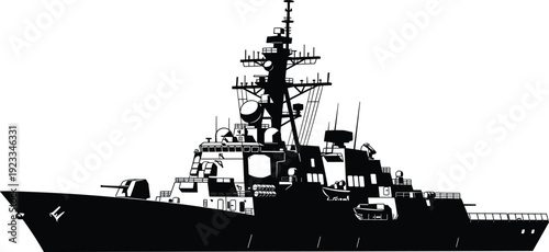 Black and white warship silhouette illustration, detailed naval destroyer with radar and weapons, isolated on white background, military vessel vector.