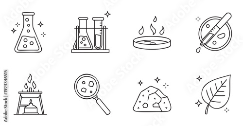 Collection of linear science icons depicting chemistry laboratory equipment like flasks, test tubes, petri dishes, heating tools, magnifying glass, rock, and leaf for educational and