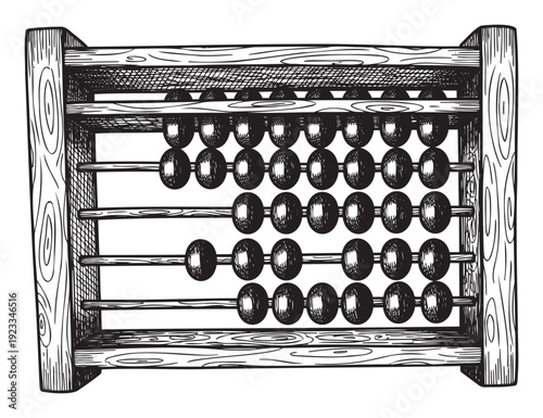 Black and white handdrawn abacus illustration, a classic mathematical counting tool, perfect for educational resources and vintagethemed graphic projects.