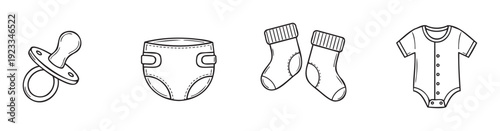 Sweet collection of essential newborn accessories including a pacifier, diaper, socks, and bodysuit, perfect for baby shower invitations, nursery decor, and product packaging.