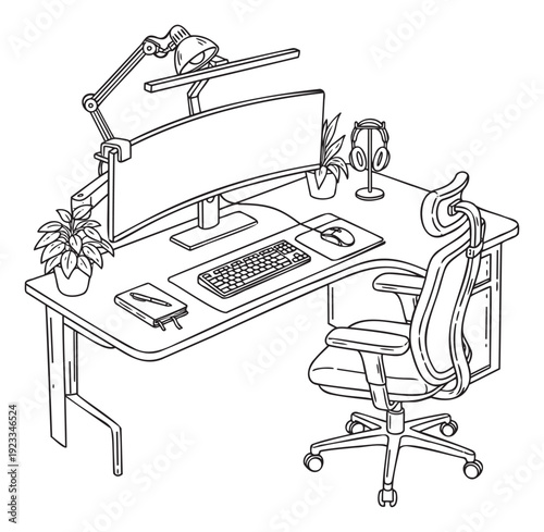 Streamlined ergonomic desk setup featuring a large curved computer monitor, flexible desk lamp, and a comfortable rolling office chair, suitable for productive work or immersive gaming