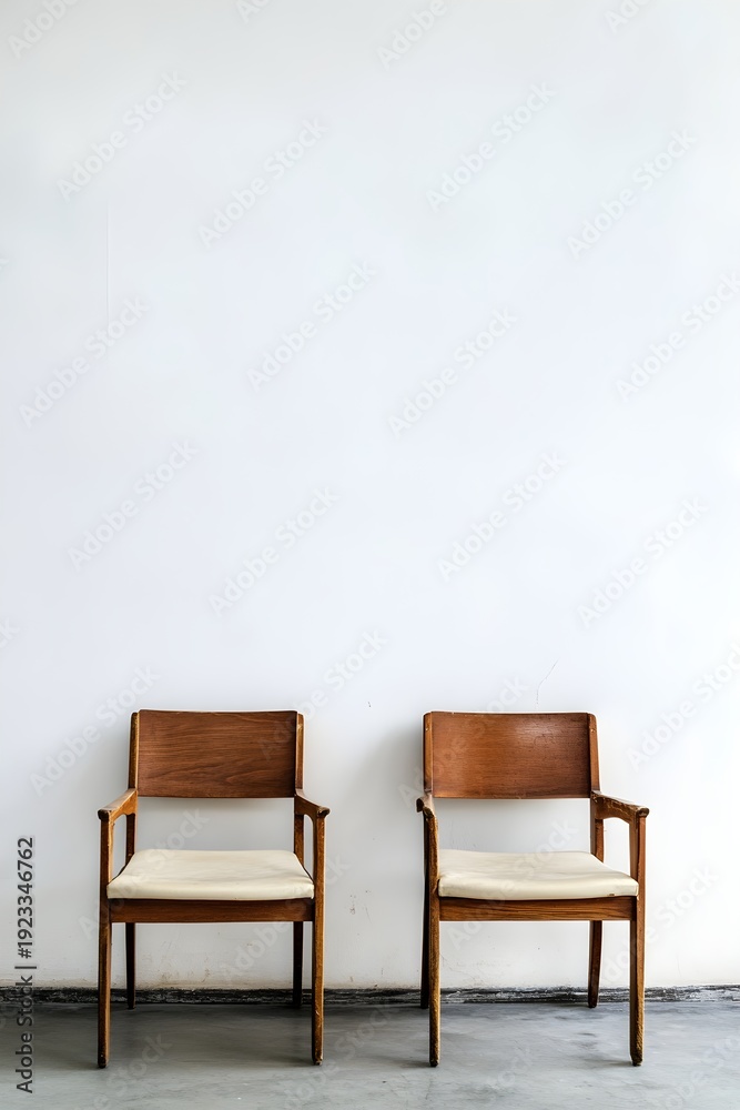 Obraz premium Two wooden chairs with cream cushions against white wall