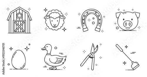 Collection of essential farm and garden related linear icons including barn animals tools and produce perfect for agricultural business branding website graphics or educational materials