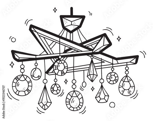 Elegant black and white chandelier featuring geometric shapes and hanging ornaments with a sparkling effect, ideal for upscale home styling or sophisticated graphic applications