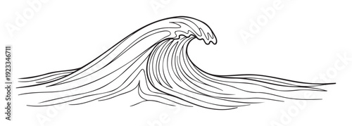 A dynamic ocean wave captured in a fluid line drawing style, perfect for aquatic themes, surf culture, or waterrelated graphic projects.
