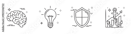 Essential business concepts encompassing intelligence, innovative ideas, robust protection, and sustainable growth, represented by a comprehensive set of modern line icons for corporate and