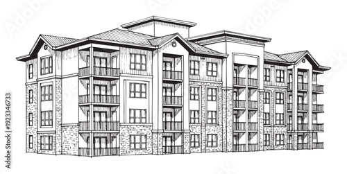 Architectural line drawing in monochrome presenting a modern multistory apartment building with balconies and diverse facade textures perfect for housing development and urban planning