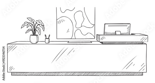 Modern reception desk sketch featuring a potted plant, office supplies, and a computer monitor, ideal for business environment and workplace visuals.