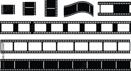 Set of black film strip silhouettes and cinema reel frames isolated on white background for movie photography and video production.