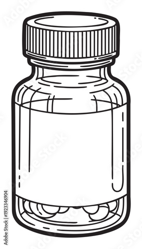 Pharmaceutical medication bottle with a ribbed cap and visible pills inside, featuring a blank label ideal for healthcare advertisements, pharmacy branding, or medical research