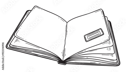 A handdrawn open book with blank pages and a decorative label ready for personalized text or creative journaling perfect for educational resources and literary themes