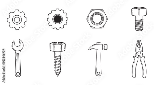 Collection of mechanical and hardware tools including gears, a nut, bolt, wrench, screw, hammer, and pliers, ideal for engineering and construction project branding or educational materials.