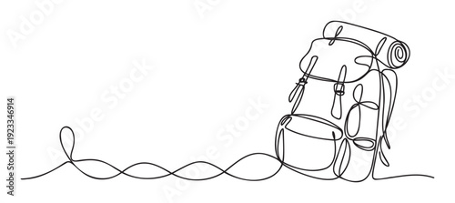 Modern single line drawing of a hiking backpack with a rolled mat and a continuous winding path, perfect for illustrating journeys, outdoor activities, or personal growth stories.