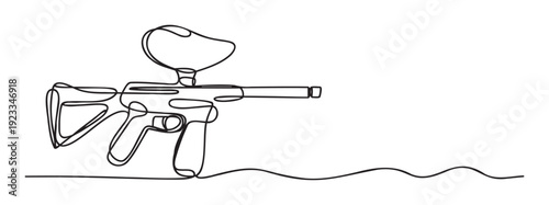 Modern paintball marker equipment drawn with a continuous single line style illustrating action and movement for gaming advertisements or sports event promotions