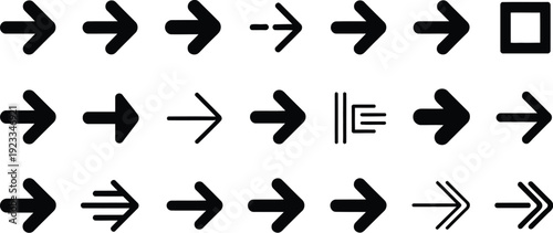 Set of black arrow icons and directional symbols including various pointers and navigators isolated on white background for graphic designs.
