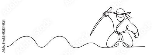 Dynamic continuous line drawing of a focused martial artist in a traditional uniform holding a katana, ideal for expressing strength, discipline, and training concepts in sports marketing