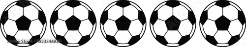 Set of five black and white soccer ball icons isolated on white background for sports competition championship and football equipment.