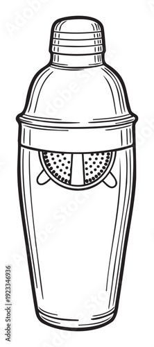 Essential kitchen equipment for preparing beverages, this stylized cocktail shaker with an integrated strainer is perfect for drink recipe guides, beverage menu designs, and mixology blogs.