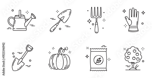 Collection of essential gardening tools and autumn harvest items in a modern linear style perfect for agricultural websites, home garden infographics, and nature themed applications