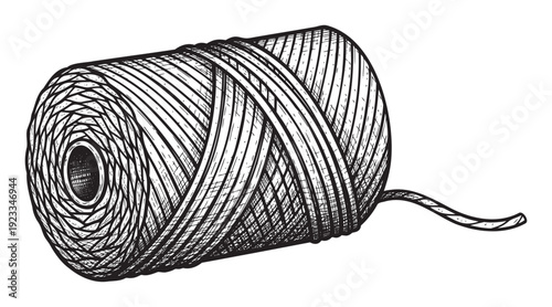 A black and white hand drawn sketch of a spool of thread unwinding is perfect for craft blogs sewing tutorials or graphic projects needing a rustic textured visual.